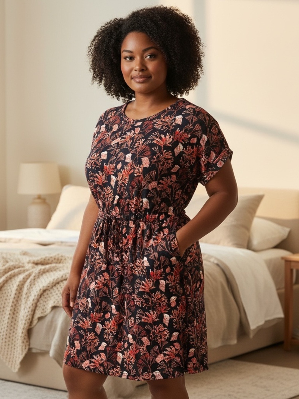 Liz Claiborne Black Floral Sea Shell Drawstring Mini Dress